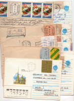 Лот 1233 - Лот из 11 конвертов, прошедших почту в 1993 и 1995 гг. с суррогатами марок Санкт-Петербургского почтамта. После оплаты оттиски ставились на любом носителе по желанию клиента.