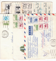 Лот 1231 - 6 писем, прошедших почту с фальсификатами марок РФ (три письма с копиями на ксероксе, два письма с фальшивыми ма00 руб. и одно – 150 руб.).ркми 1