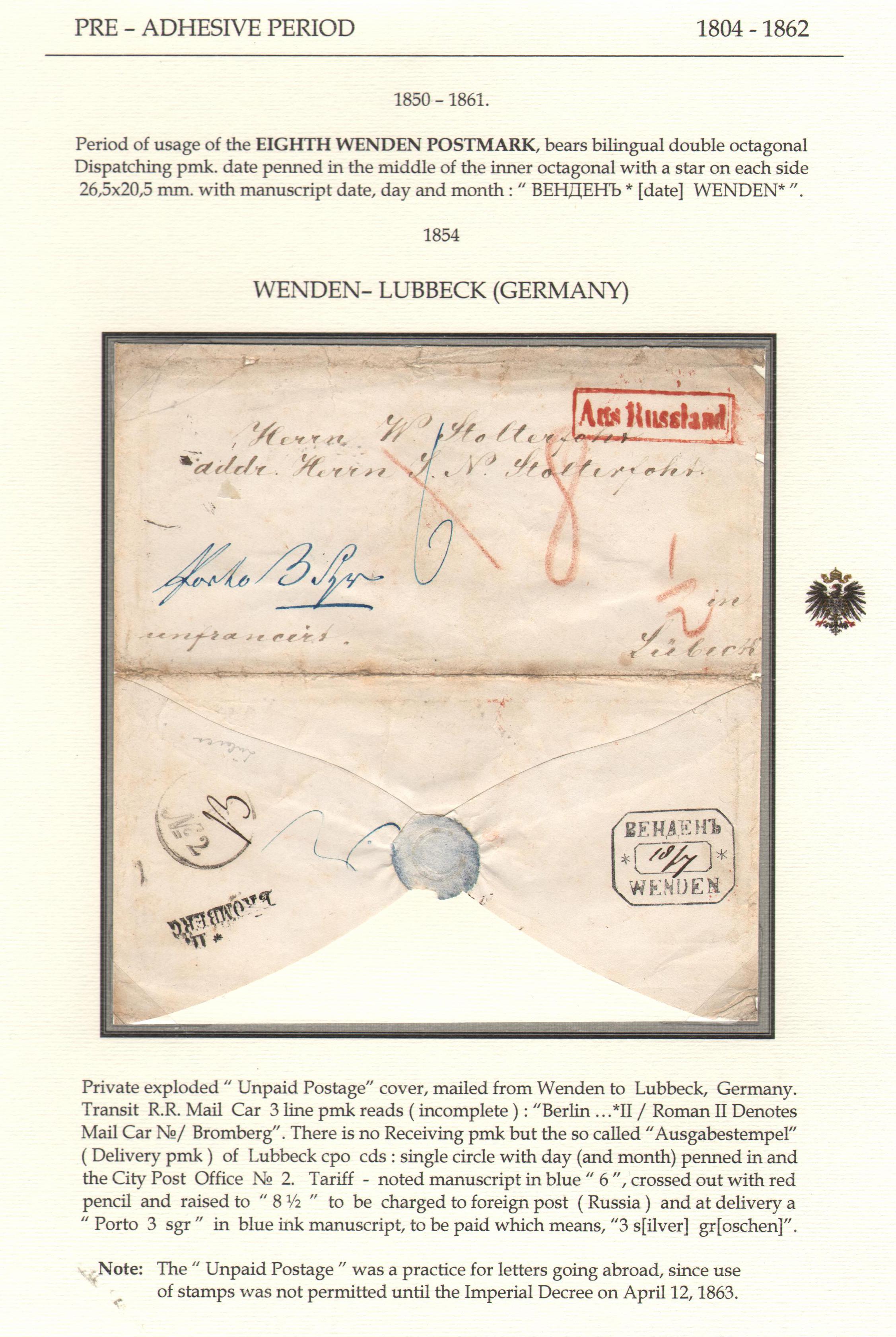 Лот 0683 - 1854. Домарочное письмо из Вендена в Любек (Германия)