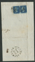 Лот 0153 - 1840. Англия. Мих. №2а (тёмно-синяя) пара на вырезке в пол письма (1841)