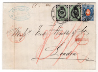 Лот 0904 - 1871. Пара марок №18I (с фоном 'V') на письме из С.-Петербурга в Англию